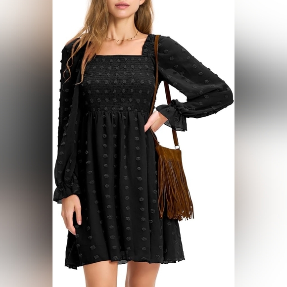 Long Sleeve Swiss Dot Dress Smocked Ruffle Mini Dresses, L - Picture 1 of 16